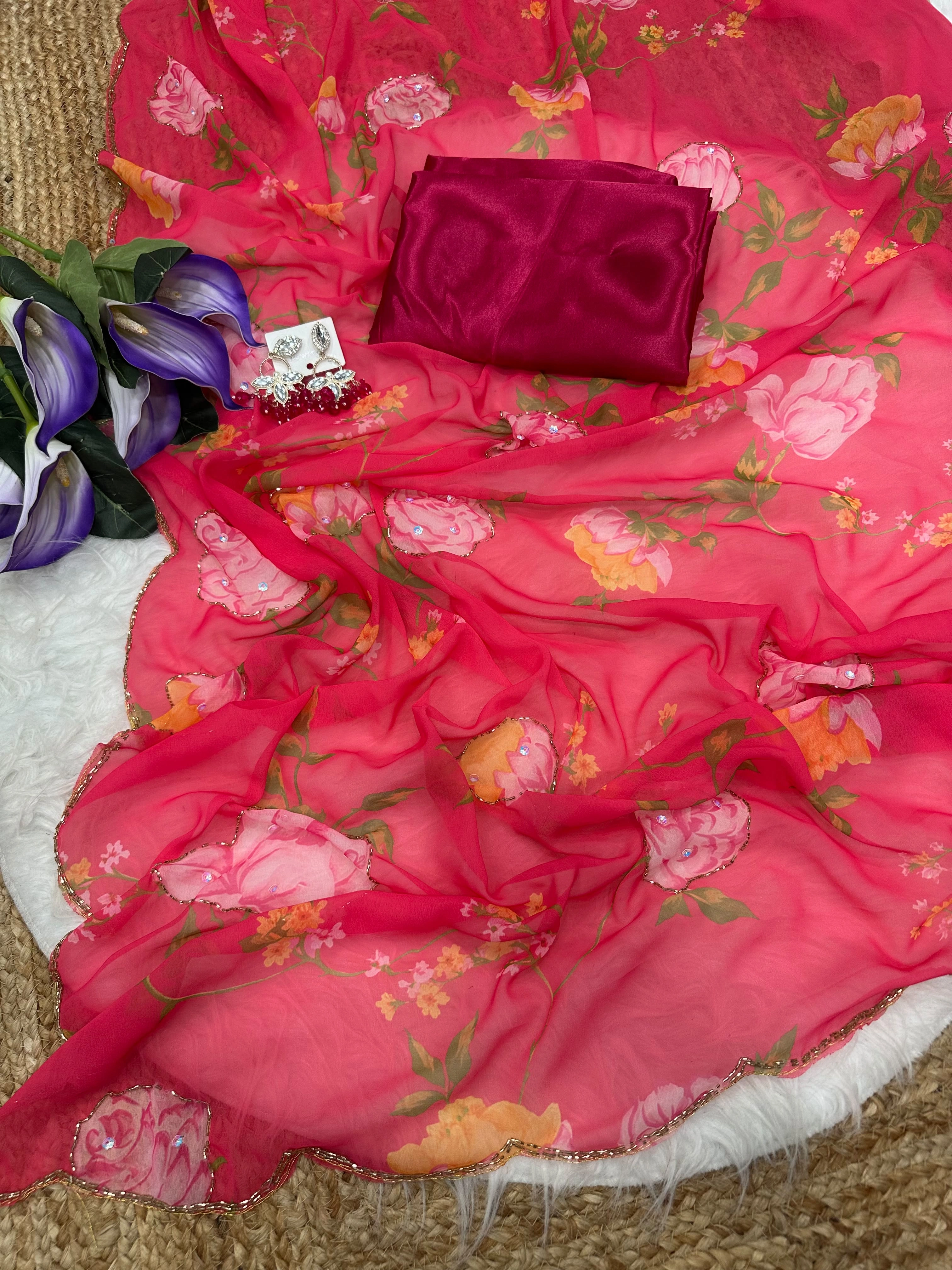 Coral Pink Georgette Handwork Saree